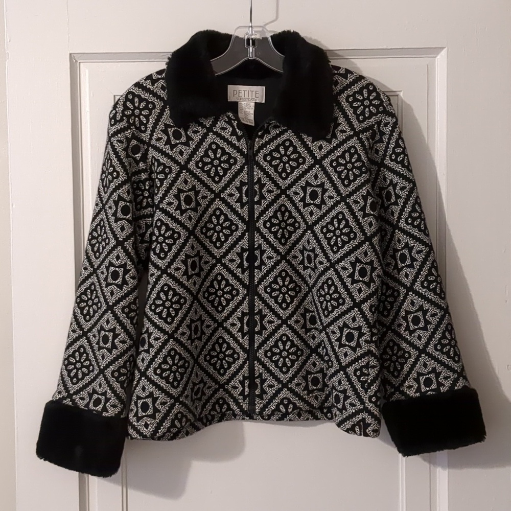 Faux Fur Quilted Jacket Collar Cuffs Black and White Artsy Petite Small